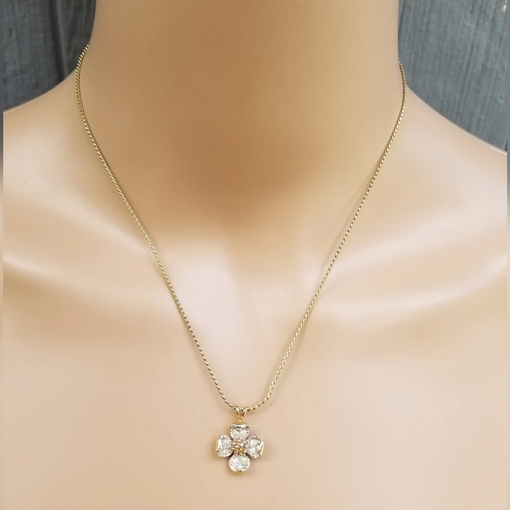 CROWN TRIFARI RARE 1955 GOLDTONE ROPE CHAIN & CRYSTAL FLOWER PENDANT NECKLACE
